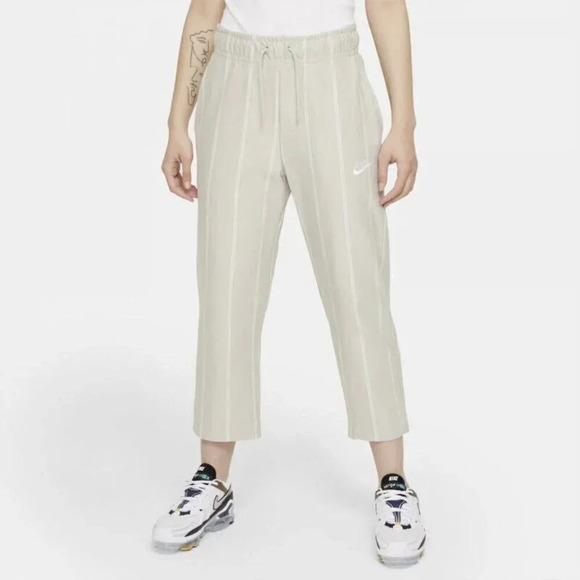Nike Sportswear Cropped Sweatpants Womens Size Medium Tan Striped Lounge Comfy - Picture 1 of 13
